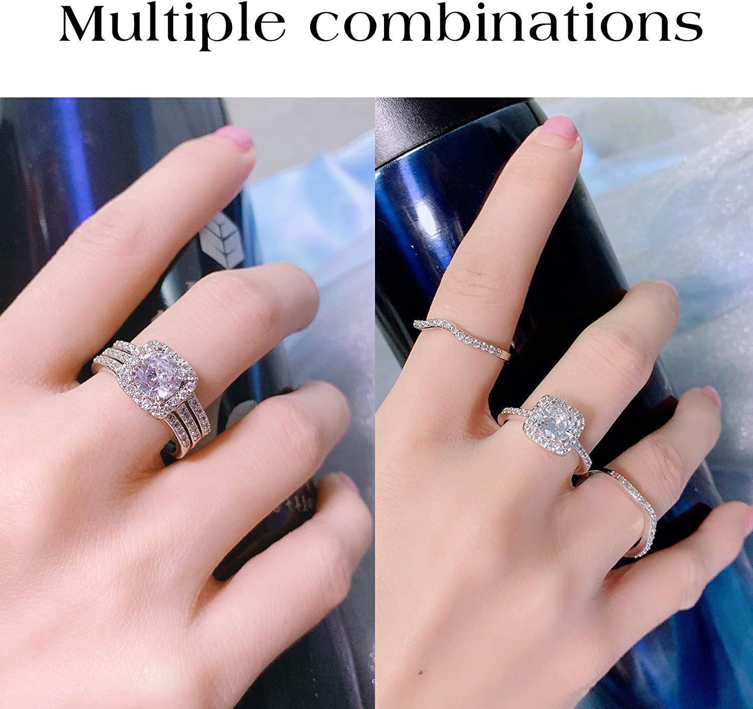 Stackable White Gold Plated Square Zircon Three-piece Ring Set