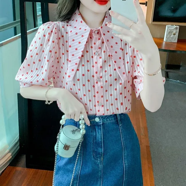 Summer Design French Style Retro Puff Sleeve Women's Short Sleeve Shirt Pink - Shop at LoveMi