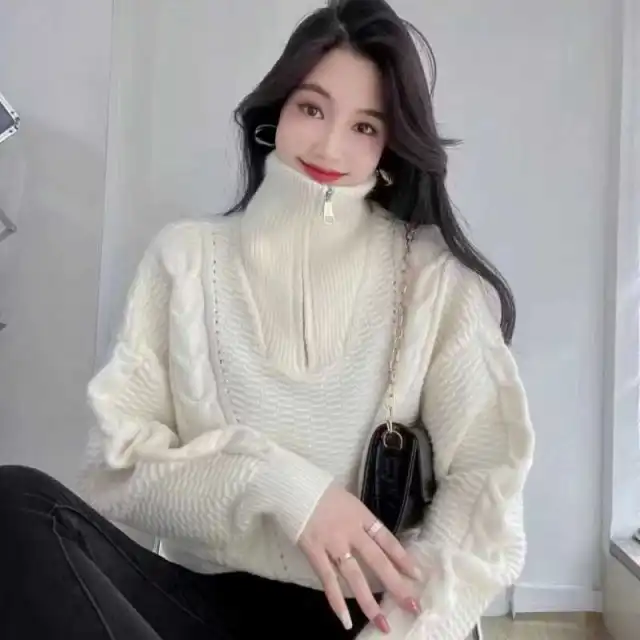 Women's Cashmere Turtleneck Zipper Pullover Sweater Apricot - Shop at LoveMi