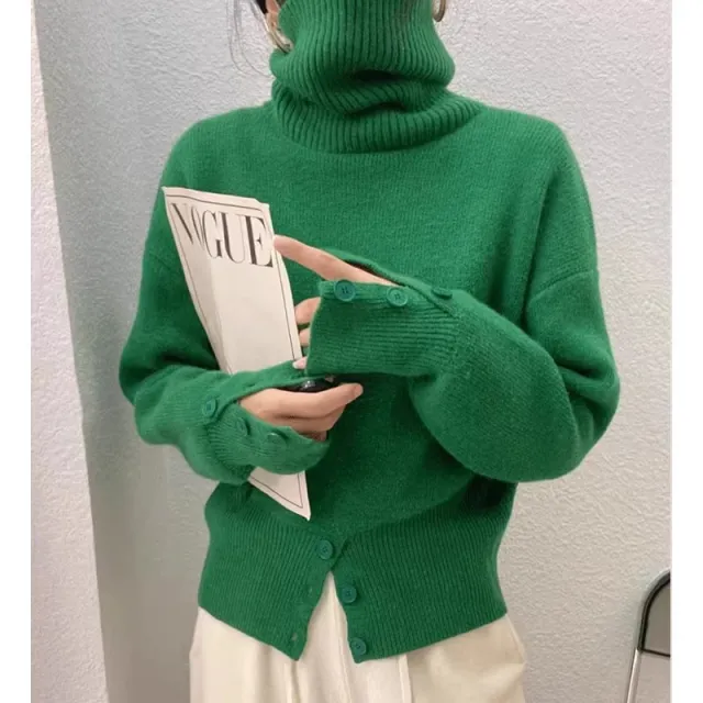 Design High Waist Button Retro Lazy Style Wear Sweater Green - Shop at LoveMi