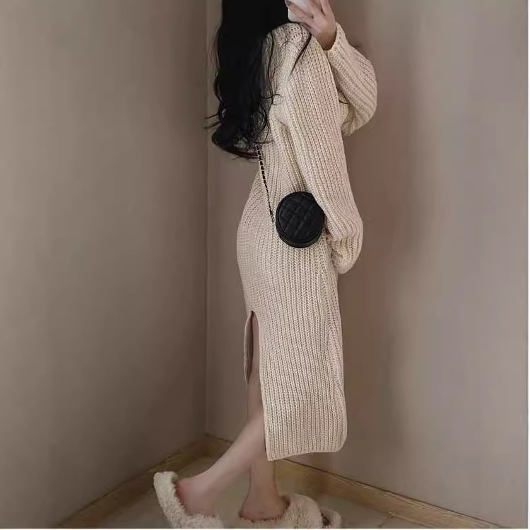 Inner Match Mid-length Base V-neck Knitted Sweater Dress