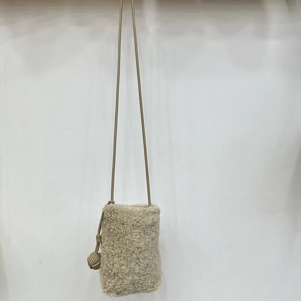 Fashion Crossbody Women Bag Lamb Fur Cute Little Ball Ornaments Mobile Phone Compact Mini - Apricot