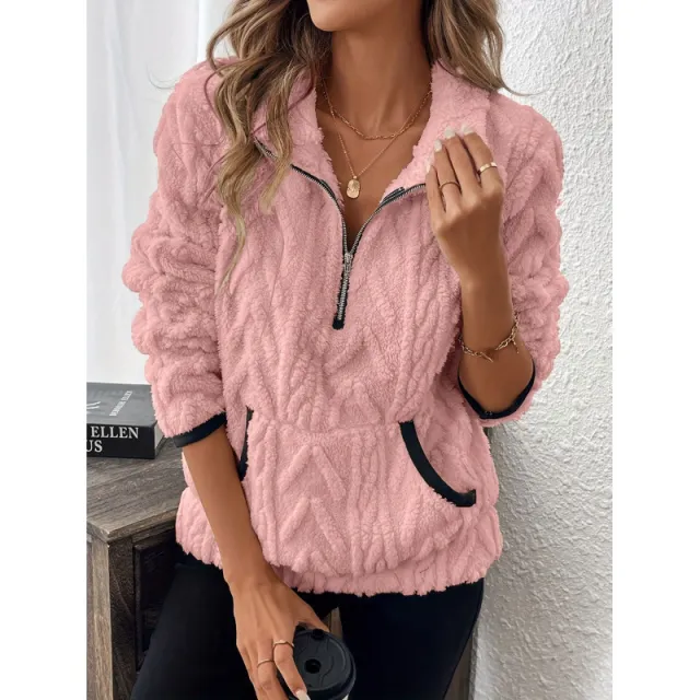 Contrast Color Half open Collar Plush Women's Sweater Pink - Shop at LoveMi