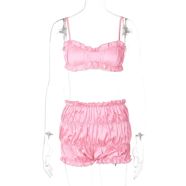 Women's Fashion Suspenders Tube Top Pleated Shorts Suit Light Pink - Shop at LoveMi