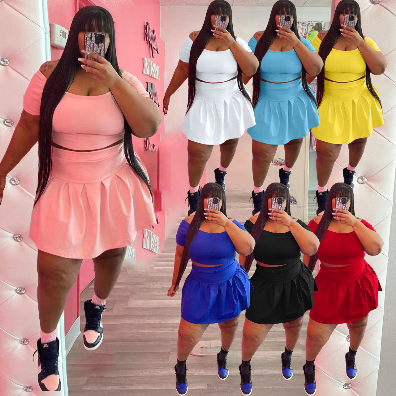 European And American Solid Color Draped Dress Plus Size Two-piece Suit