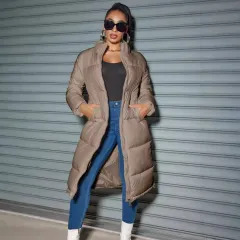 Women's Fashion Zipper Cotton Coat With Solid Color Warm - Brown - View 1
