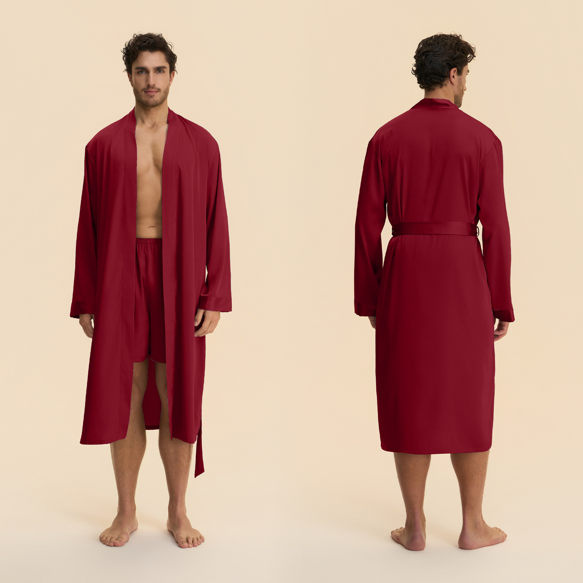 Mens Solid-Color Long Nightgown And Shorts Satin Bathrobe Loungewear Set
