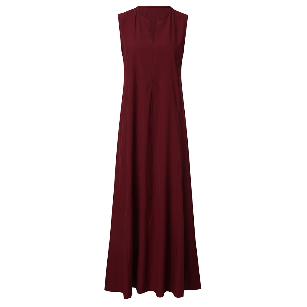 Women's Fashionable Deep V-neck Solid Color Sleeveless Long Dress