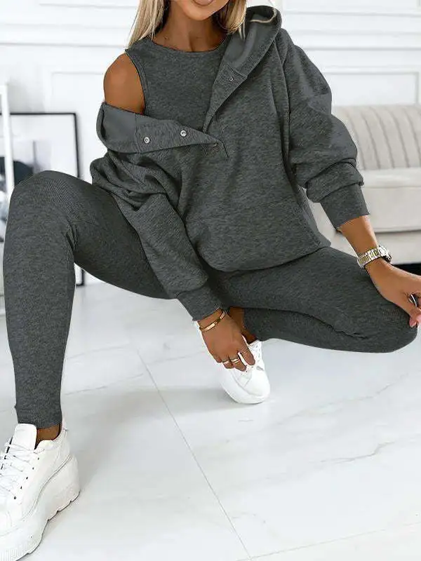 Casual Hooded Sweater Thickened Thread Fitted Vest Pants Three piece Set Three Piece Set Dark Gra - Shop at LoveMi