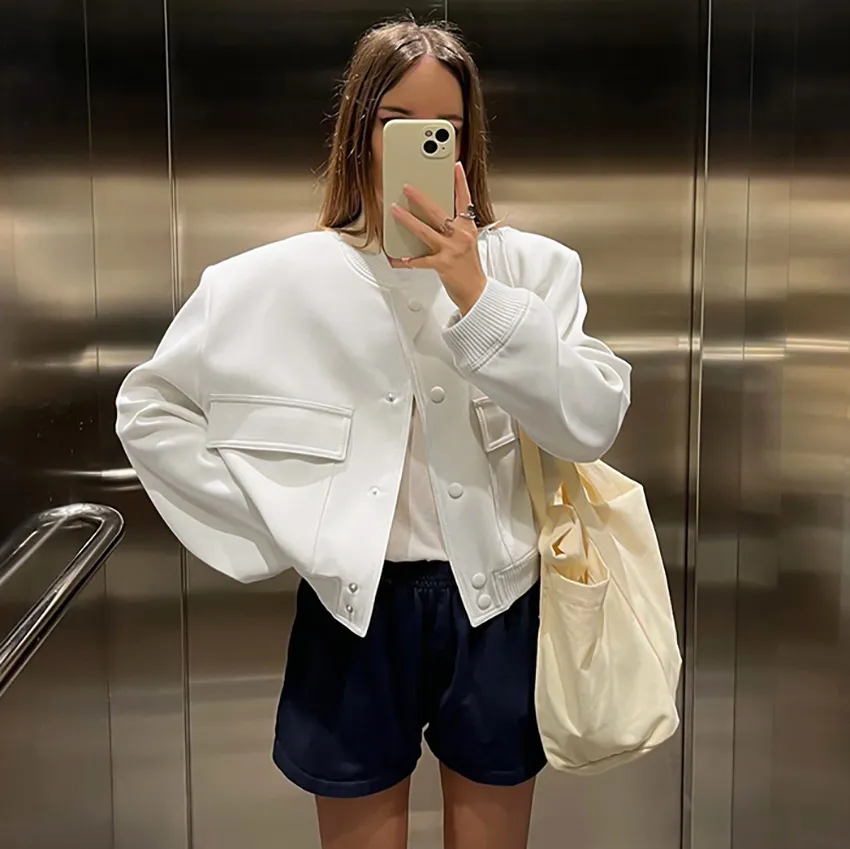 Women's Fashion Casual Long Sleeve Cotton Short Coat - White