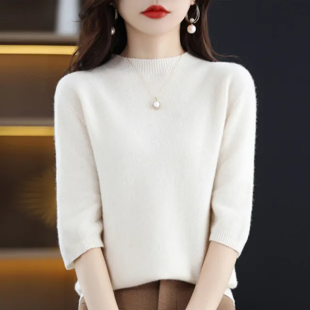 Pure Wool Women's Half Turtleneck Short Pullover Base Knitwear Three quarter Sleeve Sweater White - Shop at LoveMi