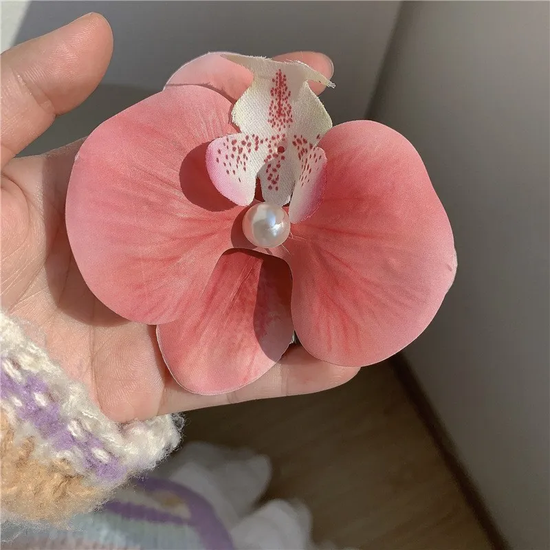 High-end Atmosphere Butterfly Orchid Side Clip Grip Flowers Hair Styling Clip - Orange