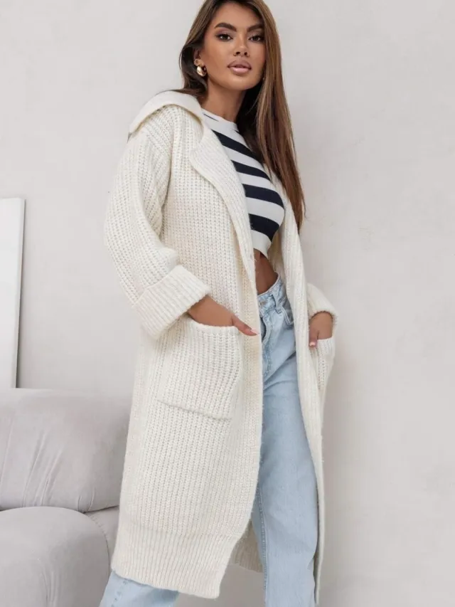 Mid length Padded Lapel Pocket Loose Knitted Cardigan Sweater Beige - Shop at LoveMi