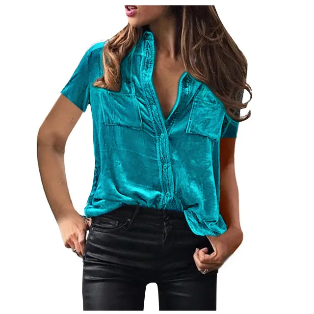 European And American Spring And Summer Pocket Shirt Top Solid Color Elegant Long Sleeve Shirt For Women Navy Blue Short Sleeve - Shop at LoveMi