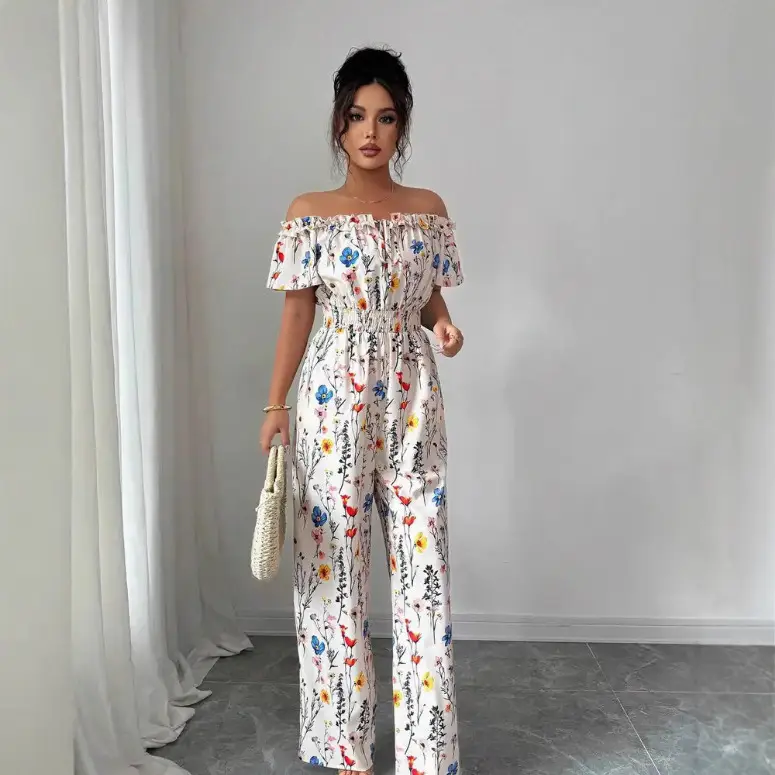 Womens Loose Sleeveless V-Neck Printed Jumpsuit