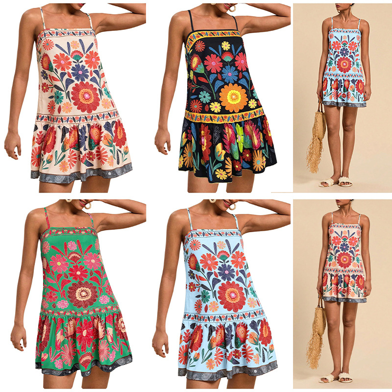 Printed Bohemian Flowy Sling Vacation Style Casual Loose Dress