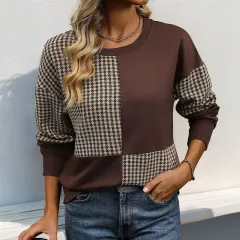 Sweater Brushed Houndstooth Multicolor Hoodie - Coffee - View 1