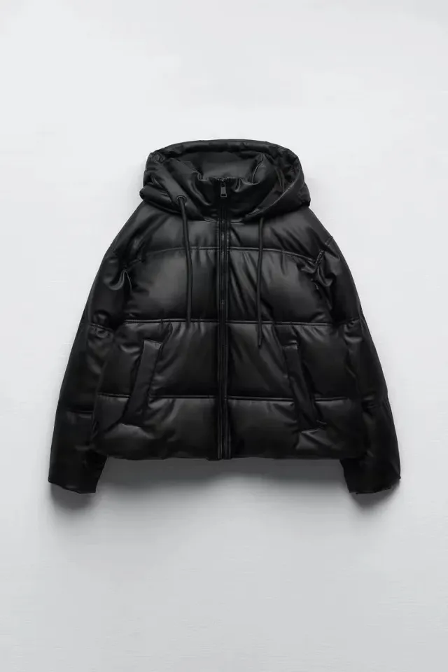 Women's Autumn And Winter Poly Urethane Leather Loose Hooded Down Jacket Black - Shop at LoveMi