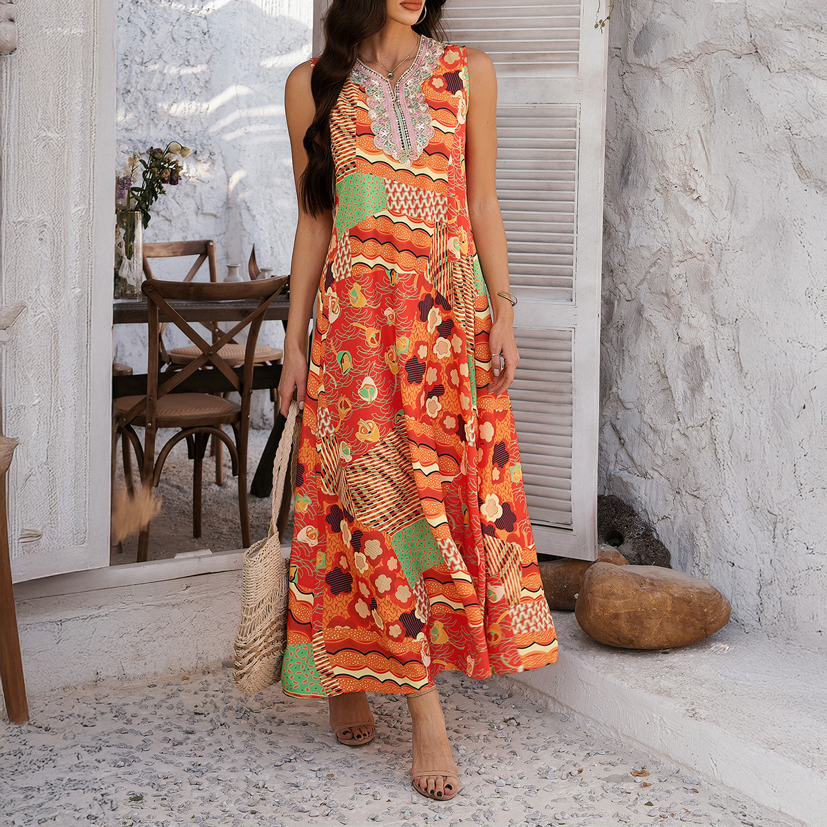 Printed Contrast Color Vacation Sleeveless A- Line Dress Women's Clothing