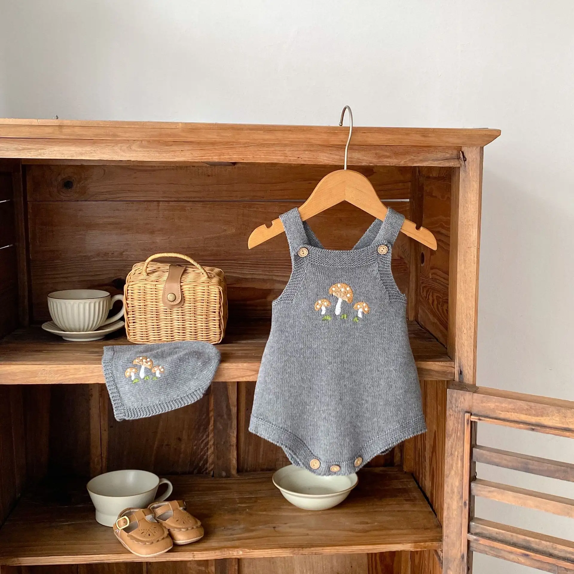 Baby Boys And Girls Mushroom Embroidered Romper