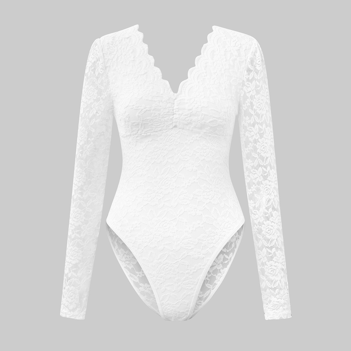 Sexy Solid-Color Lace Long-Sleeve Sheer Bodycon Jumpsuit - Image 5
