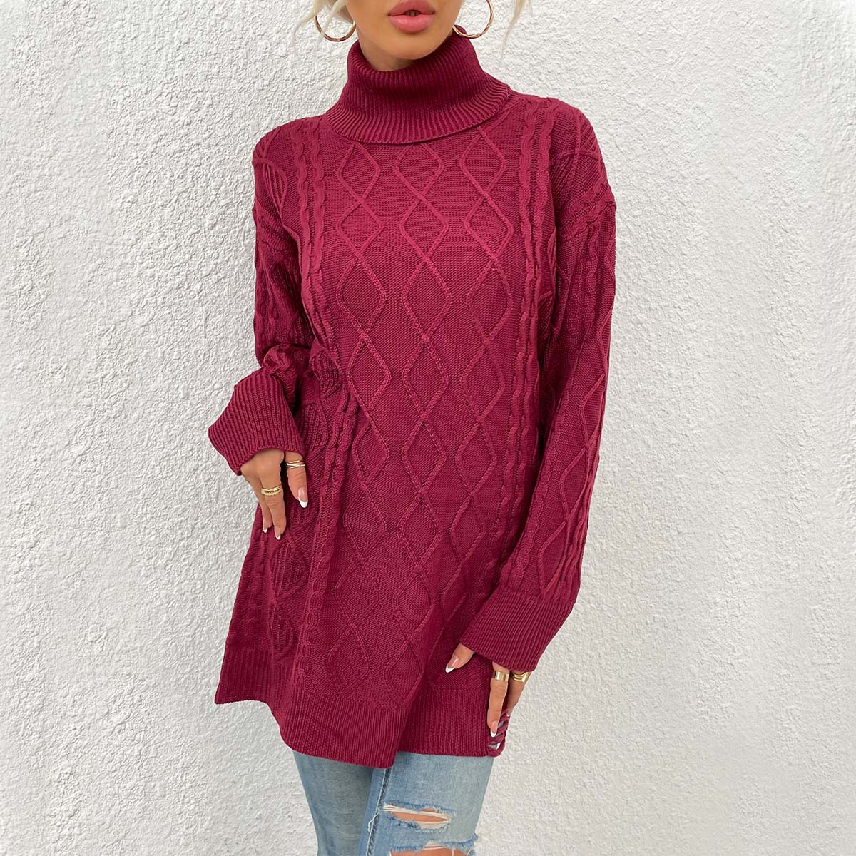 Womens Sweater Chunky-Knit Diamond-Pattern Sweater Dress