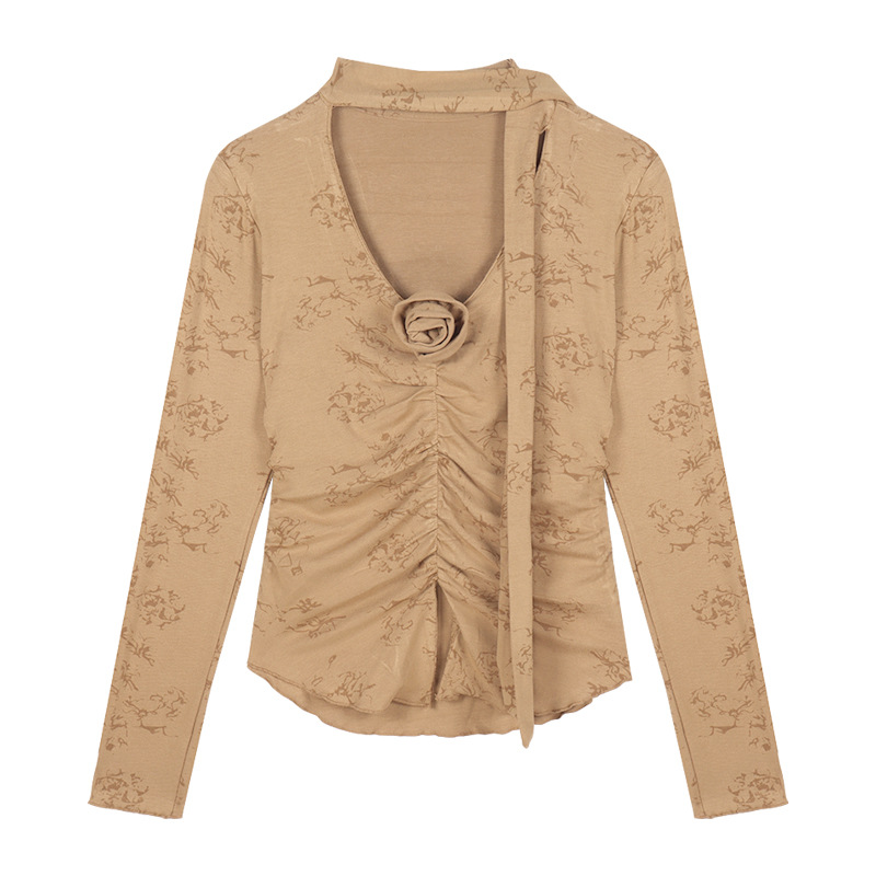 Slim Fit Inner Wear Refined Outdoor Shoulder Long Sleeve French Pleated Flower V-neck T-shirt For Women