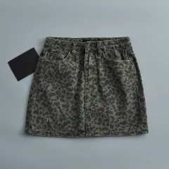 Leopard Print Denim Skirt Women's High Waist - Dark Green Leopard Print - View 1