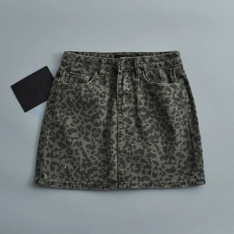 Leopard Print Denim Skirt Women's High Waist - Green