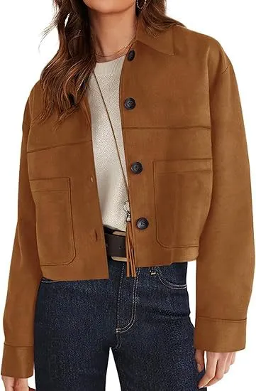 European And American Style Women Faux Suede Short Jacket Casual Lightweight Autumn Fashion Brown - Shop at LoveMi