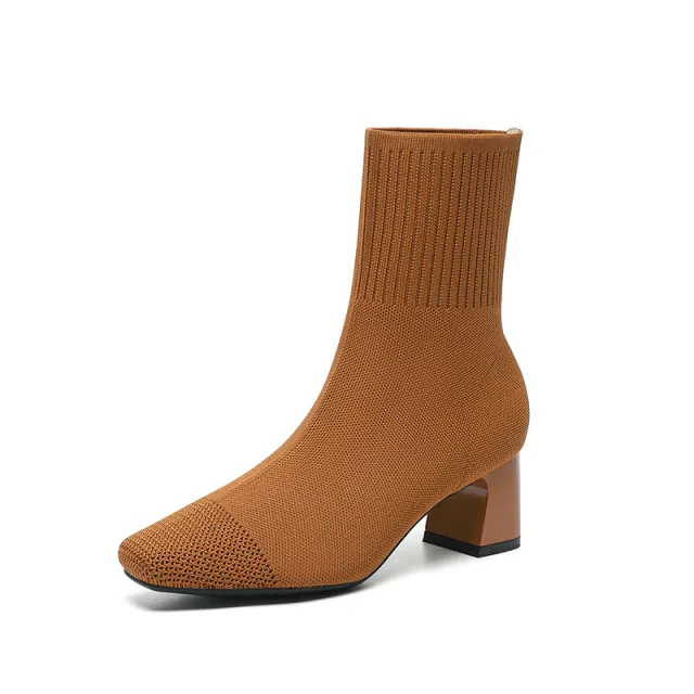 Elastic Chunky Heel Thin Boots Knitted Sock Boots Brown - Shop at LoveMi