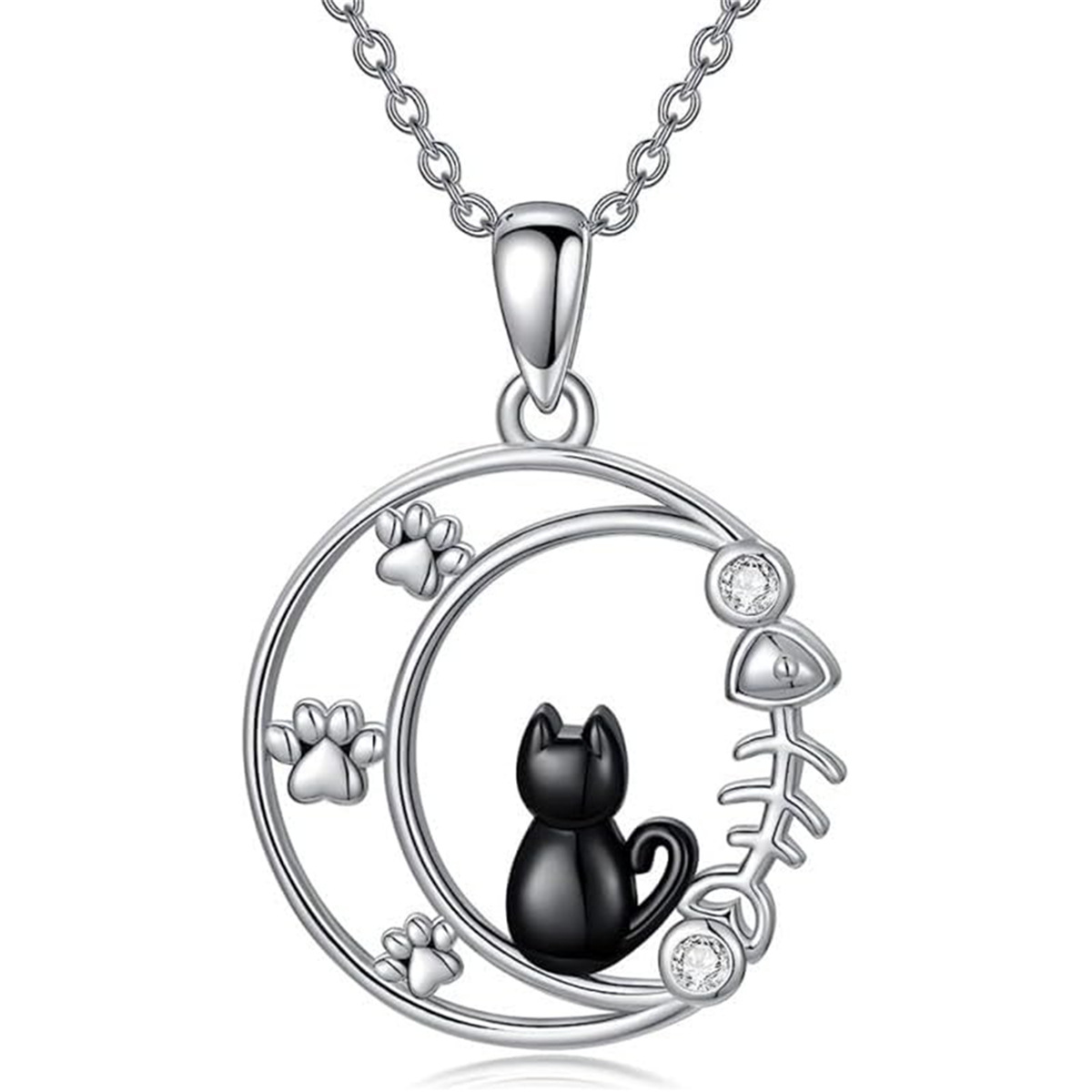 Creative Simple Moon Cute Kitten Footprints Fishbone Pendant Necklace