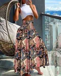 Women's High Waist Print Loose All-match Dress - Black Safflower - View 1