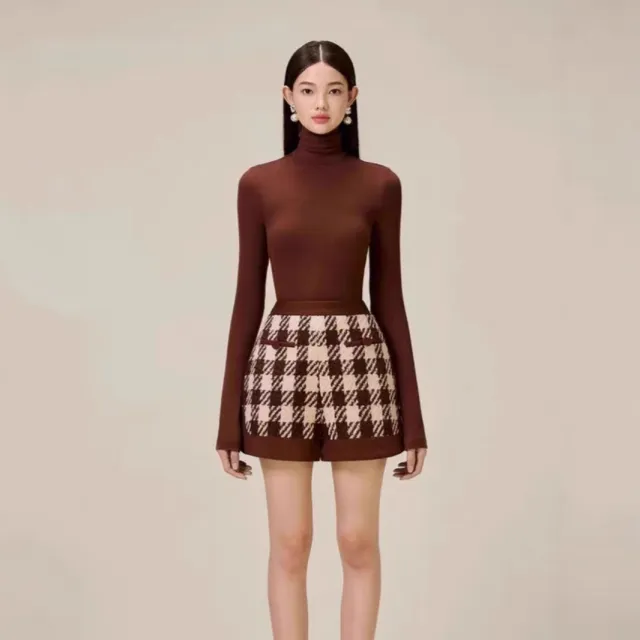 Houndstooth Woolen Cape Coat Shorts Brown Shorts - Shop at LoveMi