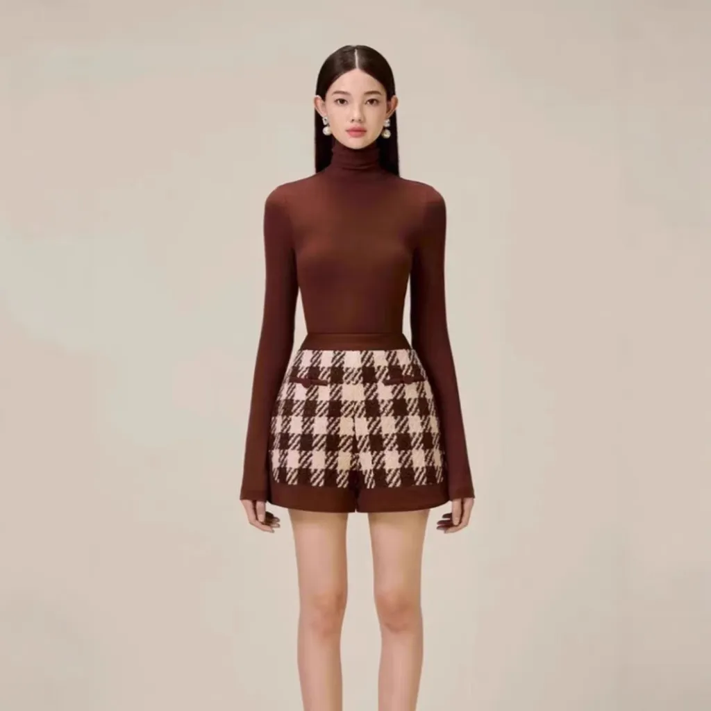 Houndstooth Woolen Cape Coat Shorts - Brown Shorts