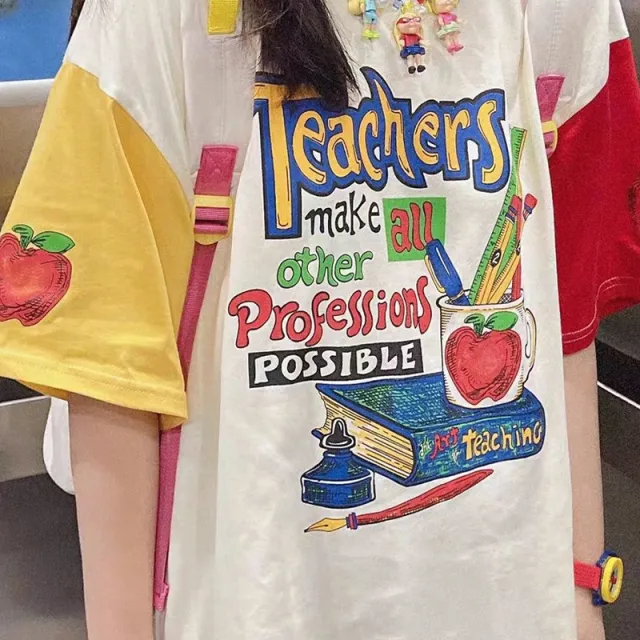 Japanese Pure Cotton Color Matching Short Sleeved T shirt For Women Picture Color M - Shop at LoveMi