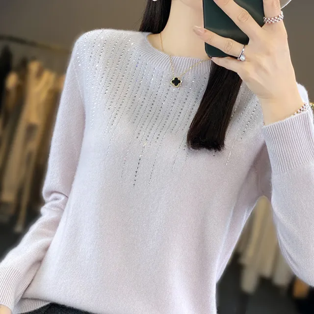 Round Neck Rhinestone Long sleeved Knitted Bottoming Shirt Women's Pullover Sweater Gray - Shop at LoveMi