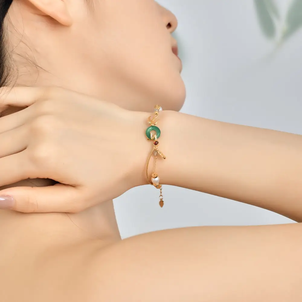 New S925 Sterling Silver Bracelet For Women Beaded Pearl Green Chalcedony Swallow