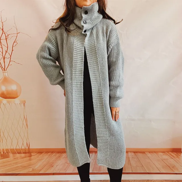 Women's Long Loose Solid Color Three button Turtleneck Lapel Sweater Gray - Shop at LoveMi