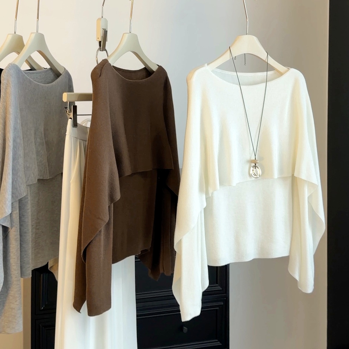 Elegant Faux Two-piece Shawl Knit Sweater For Women, Early Autumn