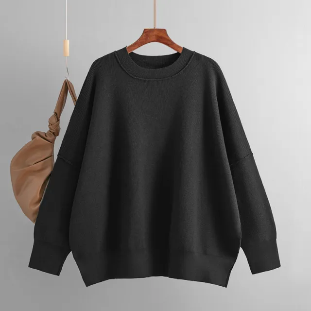 Autumn And Winter New Women's Fashion Round Neck Sweater Solid Color Loose Pullover Black - Shop at LoveMi
