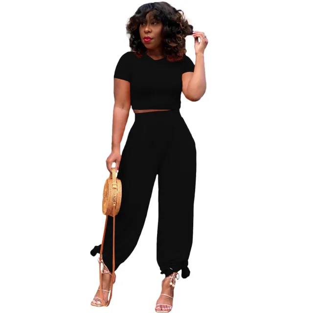 Solid Color Midriff Outfit Bell bottom Pants Casual Suit Women's Black - Shop at LoveMi