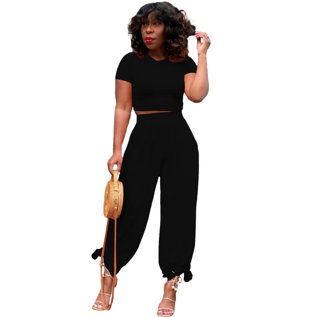 Solid Color Midriff Outfit Bell-bottom Pants Casual Suit Women's - Black