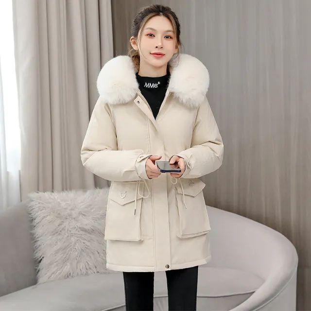 Waist Slimming Elegant Parka Cotton padded Coat Fur Collar Western Style Velvet Lining Warm Coat White - Shop at LoveMi