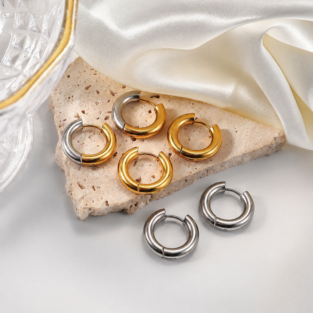 Gold And Silver Two-tone Titanium Steel Earrings Niche Style