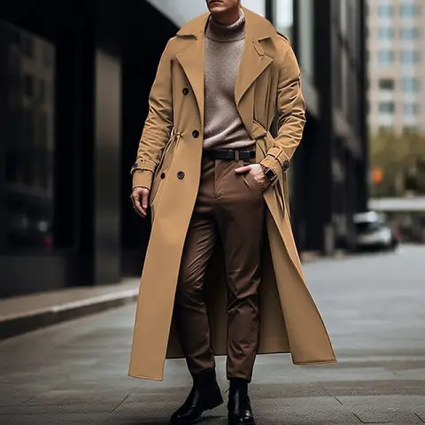Design Long Trench Coat Large Lapel Double Breasted Belt