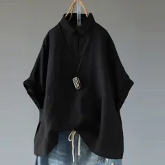 Stand Collar Loose Cotton Linen Solid Color Foreign Trade Women's Clothing Shirt - Black - View 1