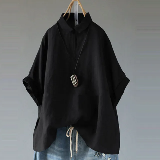 Stand Collar Loose Cotton Linen Solid Color Foreign Trade Women's Clothing Shirt Black - Shop at LoveMi