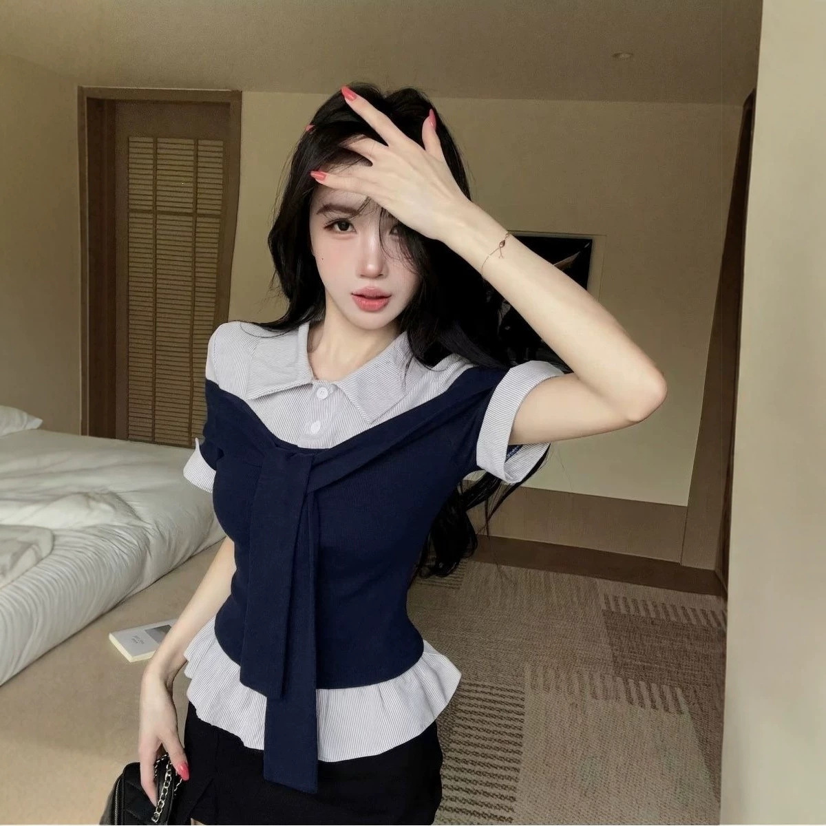 Preppy-style Polo-neck Faux Two-piece Striped Blouse For Women