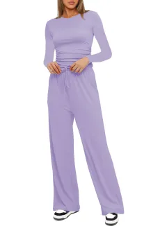 Long Sleeve Top High Waist Wide Leg Pants Suit - Light Purple - View 1